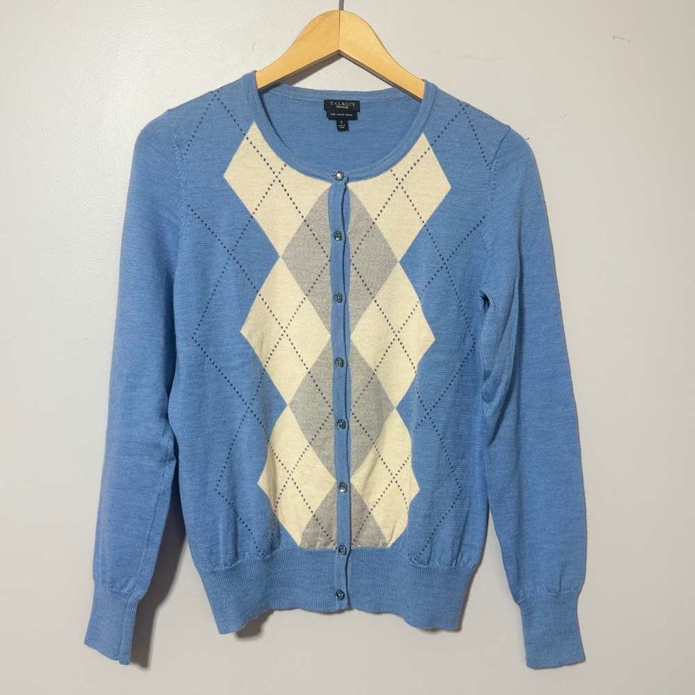 Talbots 100% Merino Wool Argyle Cardigan Sweater Blue Ivory Gray Size S *Flaw*